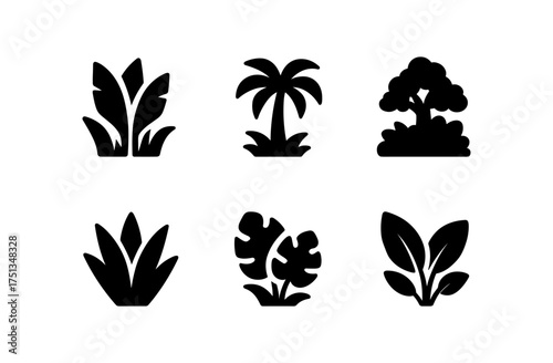 Jungle icon set featuring tropical plants and trees for design projects
