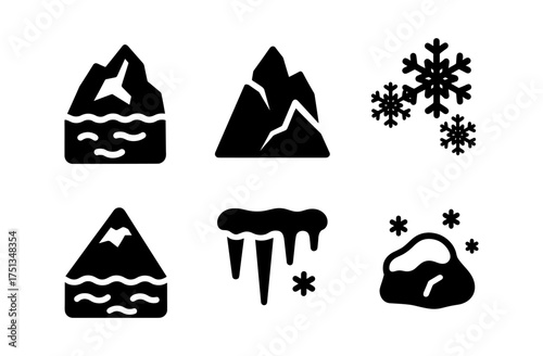 Minimalist glacier icon set featuring mountains, snowflakes, icicles, and ice symbols for design projects
