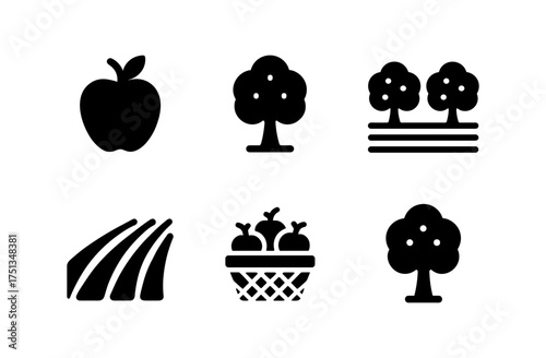 Orchard icons set for design projects featuring apples, trees, and baskets