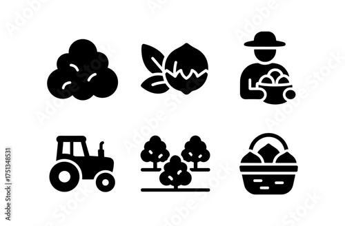 Hazelnut cultivation icon set for agriculture and farming design projects