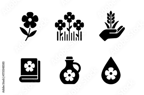 Flax farming symbols: nature, agriculture, textile, and oil concepts for design and branding