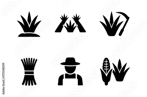 Agave icons set with farmer and crop elements for nature and agriculture design