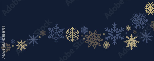 Christmas snowflake border on dark blue background. Elegant winter garland with gold and navy snowflakes. Festive decoration for holiday card or banner. Flat vector illustration.