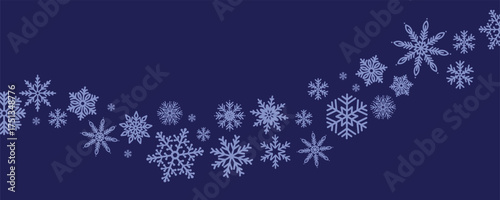 Blue snowflake garland on dark navy background. Elegant winter border with frosty design for Christmas and New Year decoration. Festive vector illustration for holiday greeting card or banner.