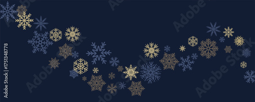 Curved garland with gold, brown and blue snowflakes on dark navy background. Elegant winter border for Christmas and New Year celebration. Festive decoration for holiday banner or greeting card. 