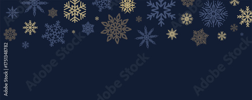 Elegant snowflake border with gold, brown and blue colors on dark navy background. Festive winter frame for Christmas and New Year greeting card or banner. Flat vector illustration.