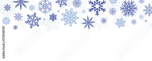 Winter snowflake border on white background. Elegant blue frosty garland for Christmas and New Year decoration. Festive seasonal illustration for greeting card or banner.