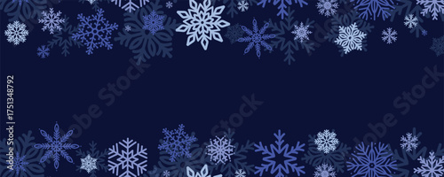 Winter snowflake frame on dark navy background. Elegant frosty border for Christmas and New Year greeting cards. Festive vector illustration with blue snowflakes.