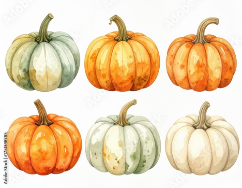 Watercolor pumpkin clipart set featuring six watercolor autumn gourds in soft orange, green, and cream tones – perfect for fall decor, scrapbooking, and invitations.