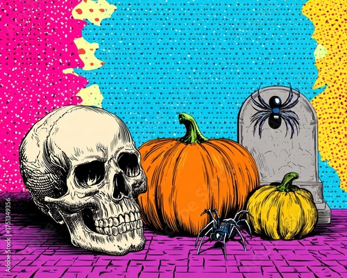 Pop art Halloween skull, spider, tombstone, and pumpkin concept with colorful retro comic background, festive banner