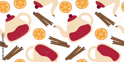 Teapot, Orange, Cinnamon sticks. Seamless Pattern, background. Tea party, round citrus slice and spice. Glass Kettle, Tea or coffee utensils. Kitchen print. Cozy home flat design. Vector illustration