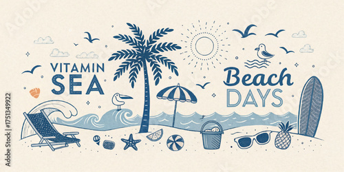 Illustration of a beach scene with palm tree, sun, waves, and beach accessories for summer vibes