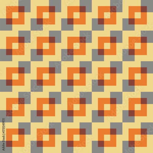 Retro pattern created from cream, orange, grey and brown squares, on a cream background