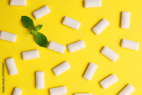 mint chewing gum and mint on the table. Fresh breath, oral care 