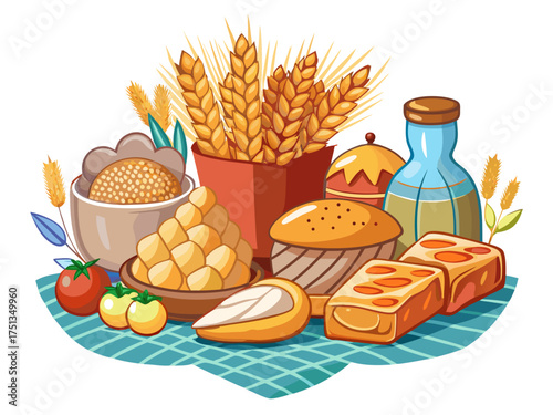 vector of A group of carbohydrate or grain products arranged side by side on a table or tablecloth on a white background