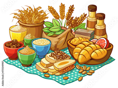 vector of A group of carbohydrate or grain products arranged side by side on a table or tablecloth on a white background