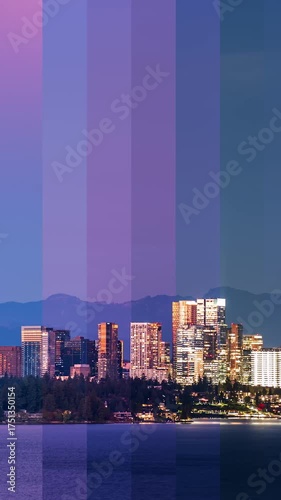 Downtown Bellevue Skyline Timeslice from Day to Night, Sunset Timelapse Vertical Video