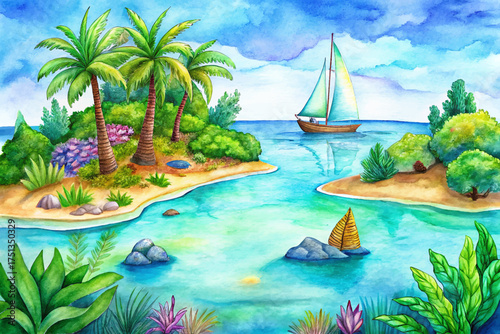 island lagoon, turquoise water, coral reefs, palm beach, anchored sailboats, tropical fish, paradise landscape, vacation art, coastal illustration