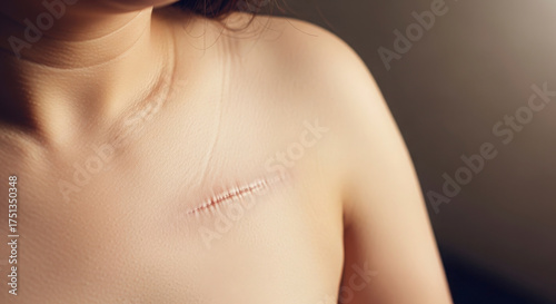 Close up of a scar on a woman's chest from surgery