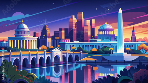 
Very beautiful Washington D.C. skyline with monuments, highways, and bright evening lights reflecting urban elegance across the Potomac River.