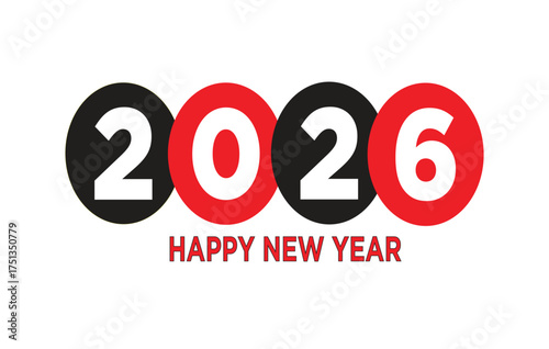 Happy New Year 2026 Vector Greeting Banner - Minimalist Geometric Typography with Bold Black and Red Overlapping Circles.