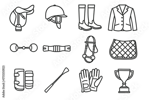 Equestrian equipment line icons: saddle, helmet, boots, jacket, tack, trophy