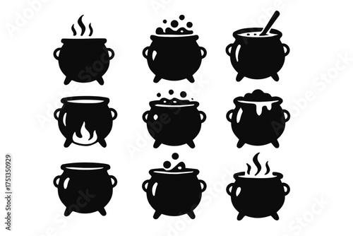 Black cauldron icons: bubbling, steaming, stirring, and flaming designs
