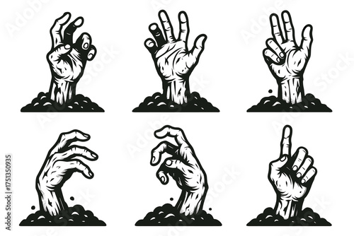 Zombie hands emerging from ground in various poses illustrating horror concept