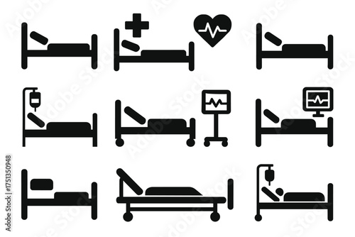 Set of medical bed icons with heart and monitor symbols