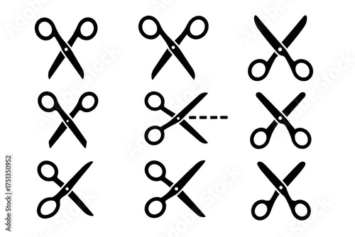Set of scissor icons in various open and closed positions