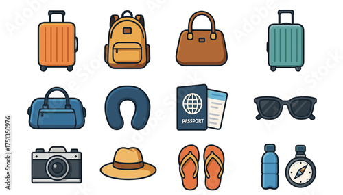 Travel icons: luggage, backpack, passport, camera, sunglasses, map, and more