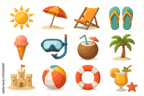 Summer beach icons: sunshine, sandcastle, flip-flops, tropical drink, scuba gear