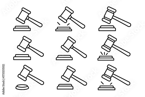 Set of nine gavel icons depicting legal concepts and justice symbols