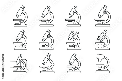 Different types of microscopes: scientific instrument line art collection