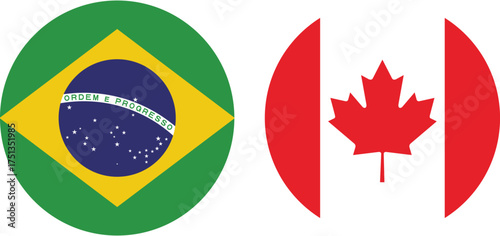 Brazilian, Canadian flag circle icon set. 