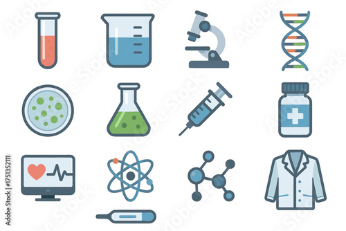Scientific equipment icons set featuring lab tools and medical symbols