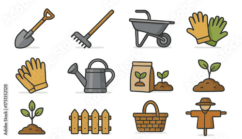 Colorful gardening icons set with tools plants and equipment