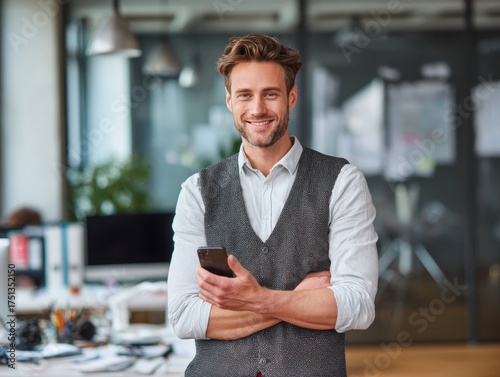 Happy busy professional business man standing in office holding mobile cellphone. Young smiling businessman using smartphone looking at camera using cell phone tech apps at work. Portrait.
