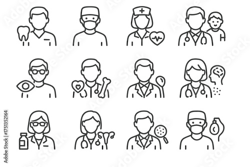 Medical professionals icons: dentist, surgeon, nurse, pediatrician, ophthalmologist, cardiologist, orthopedist, psychologist, pharmacist, dermatologist
