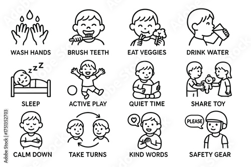 Healthy habits for children: hygiene, nutrition, play, and social skills illustrated