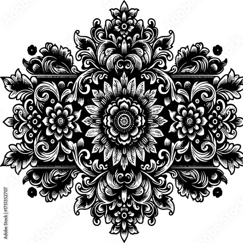 Ornate Floral Ornament: An intricate black and white illustration showcases a symmetrical arrangement of floral elements, offering a touch of elegance and timeless beauty.