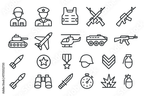 Military icons set: soldiers, weapons, vehicles, and medals