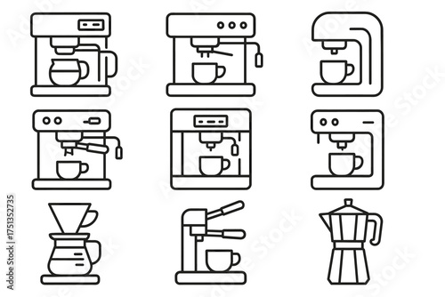 Line art coffee makers: espresso machines and brewing tools collection