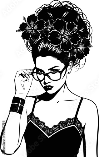 Beautiful girl wearing glasses with tropical hibiscus in her hair, monochrome vector illustration. EPS version.