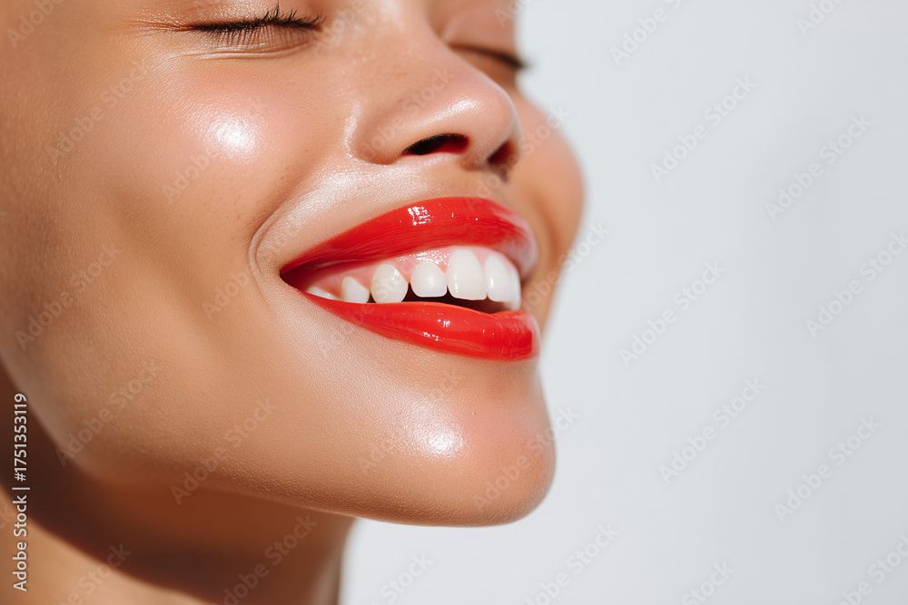 Fototapeta premium Woman with glossy coral lipstick smiling brightly
