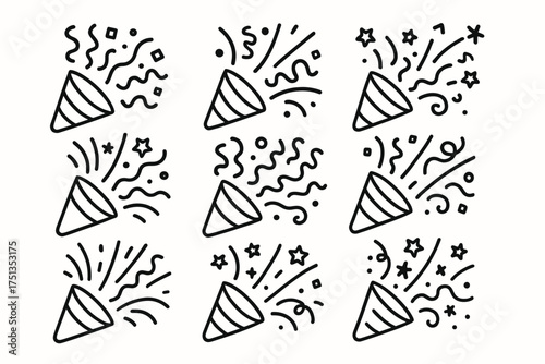 Festive celebration icons with party poppers and confetti elements