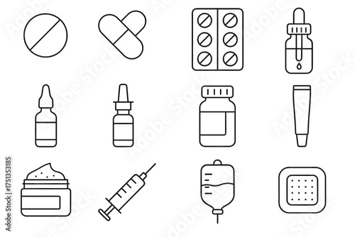 Medical supplies: pills, droppers, bottles, creams, syringe, iv, patch icons