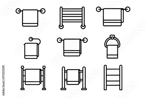 Set of nine minimalist towel and rail icons for bathroom design and organization