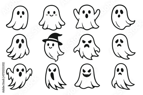 Cute and spooky ghost emoticons displaying various expressions for halloween