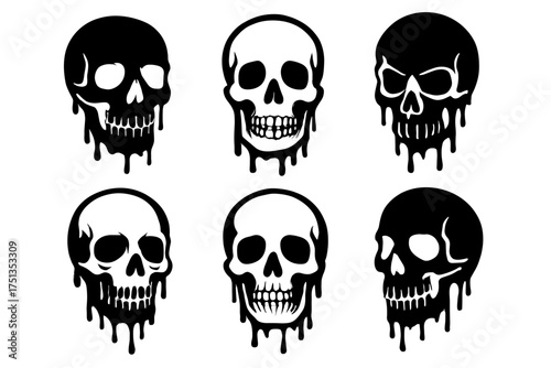 Set of six dripping skull designs in monochrome
